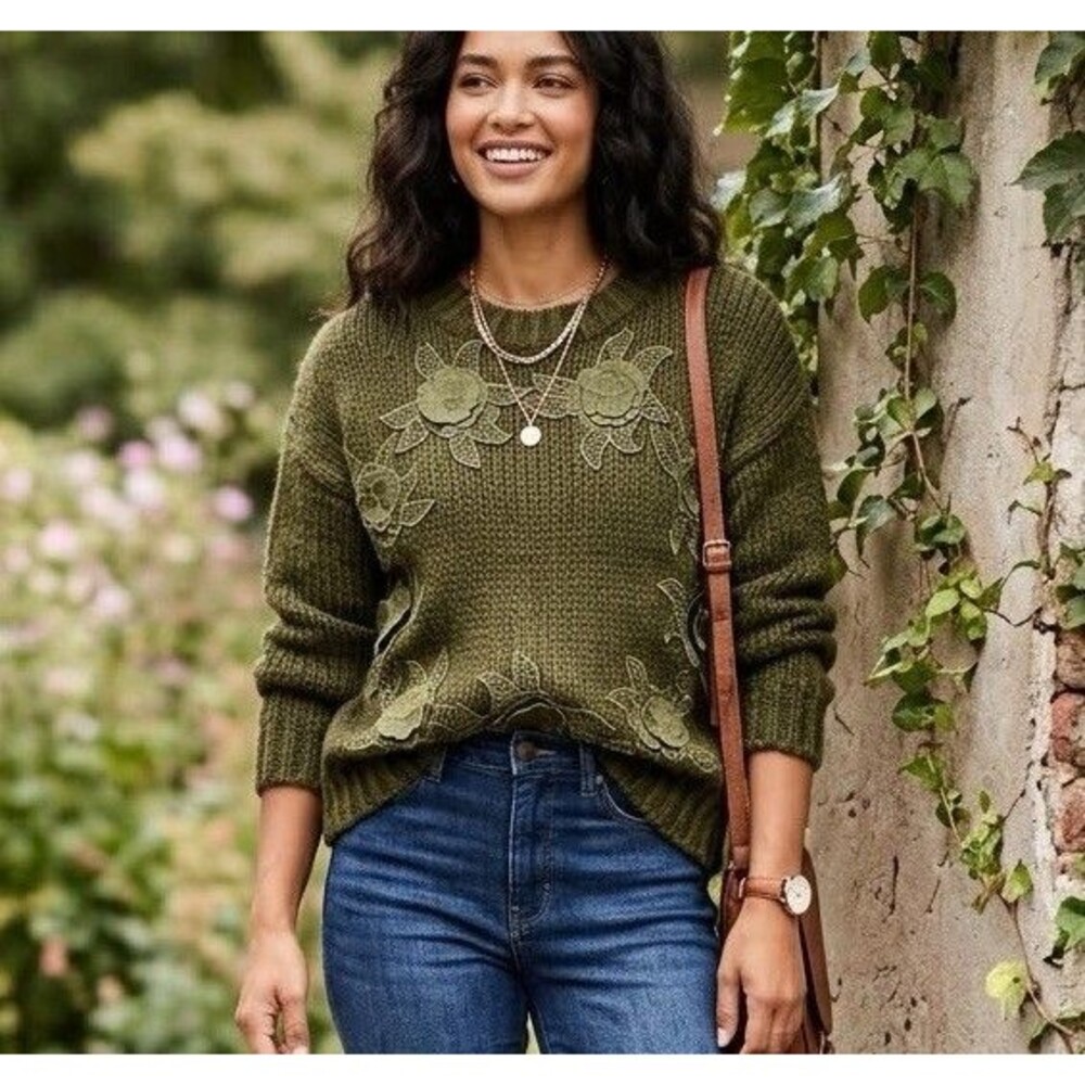 ODDI Olive Green Chunky Knit 3D Floral Lace Applique Sweater S/M Cottagecore
